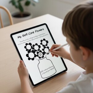 May include: A digital tablet displaying a self-care activity sheet titled "My Self-Care Flowers." The sheet features a flower vase graphic with flower outlines for writing or drawing self-care activities. The text includes "Get Fresh Air" and "Self-care practices to boost your mood."