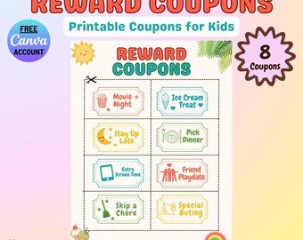 Coupons de récompense colorés imprimables pour les enfants, tableau de comportement modifiable sur Canva, incitation au bon comportement, système de parentalité positive