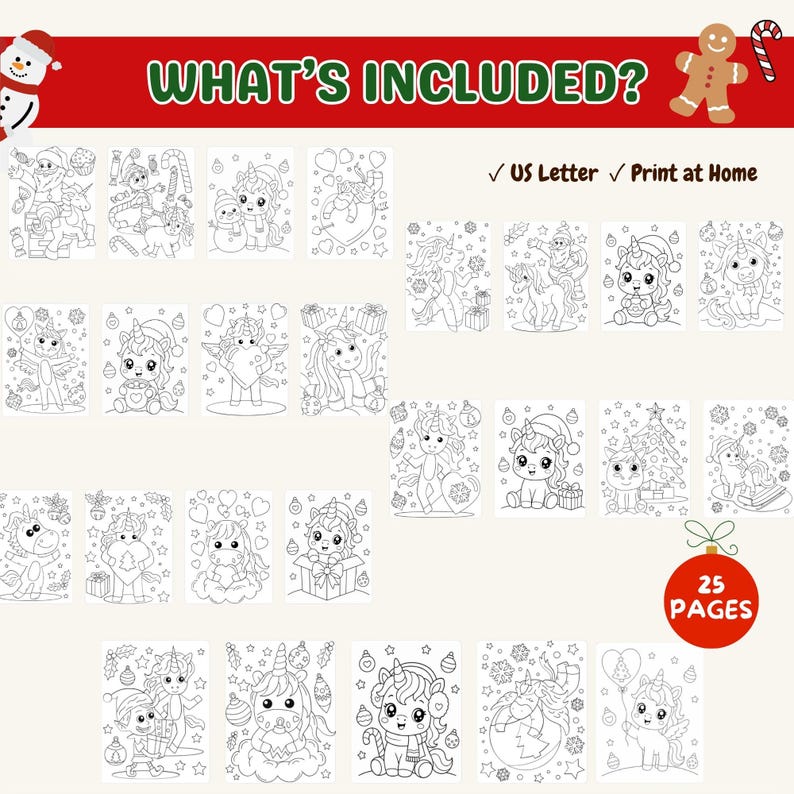Kawaii Christmas Unicorn Coloring Book, Cute Holiday Coloring Pages for ...