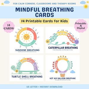 May include: Mindful breathing cards for kids featuring 14 printable designs. The cards display colorful illustrations including a sun, caterpillar, turtle, and hot air balloon with numbered steps for breathing exercises labeled Sunshine, Caterpillar, Turtle Shell, and Hot Air Balloon Breathing.