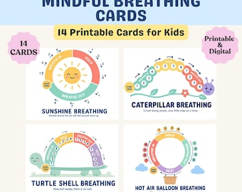 Mindful Breathing Cards for Kids, Calm Down Corner Printable, School Counselor Resource, Instant Download