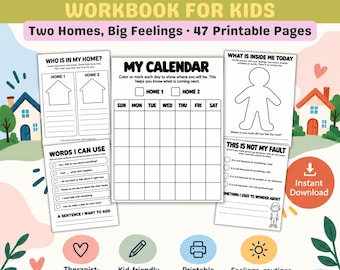 Two Homes Divorce Workbook for Kids, Therapy Worksheets, Coping Skills Printable, Separation Journal