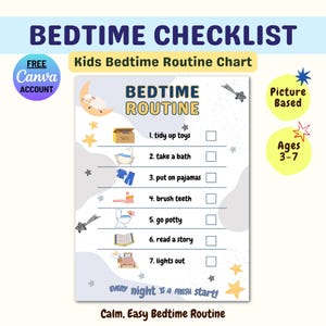 Kids Bedtime Routine Chart, Printable Checklist, Editable Canva Template