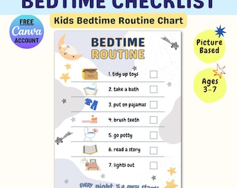 Printable Bedtime Routine Chart for Kids, Editable Canva Toddler Checklist, Visual Night Routine Chart