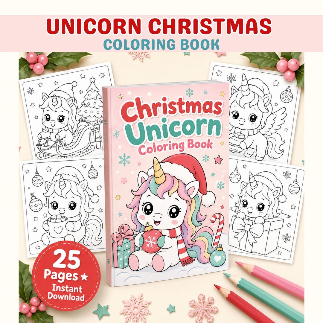 Kawaii Christmas Unicorn Coloring Book, Cute Holiday Coloring Pages for ...