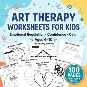 May include: A collection of art therapy worksheets for kids featuring titles like The Anger Volcano, The Anxiety Iceberg, and My Feelings Sky. The pages include prompts for emotional regulation, confidence, and calm, with a 100 pages label.