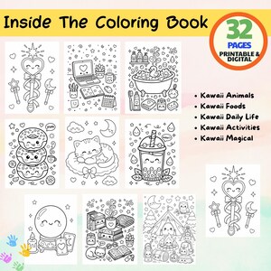 May include: A black and white coloring book with the text "Inside The Coloring Book" and "32 Pages Printable & Digital". The book features kawaii-style illustrations of animals, food, daily life, activities, and magical themes.