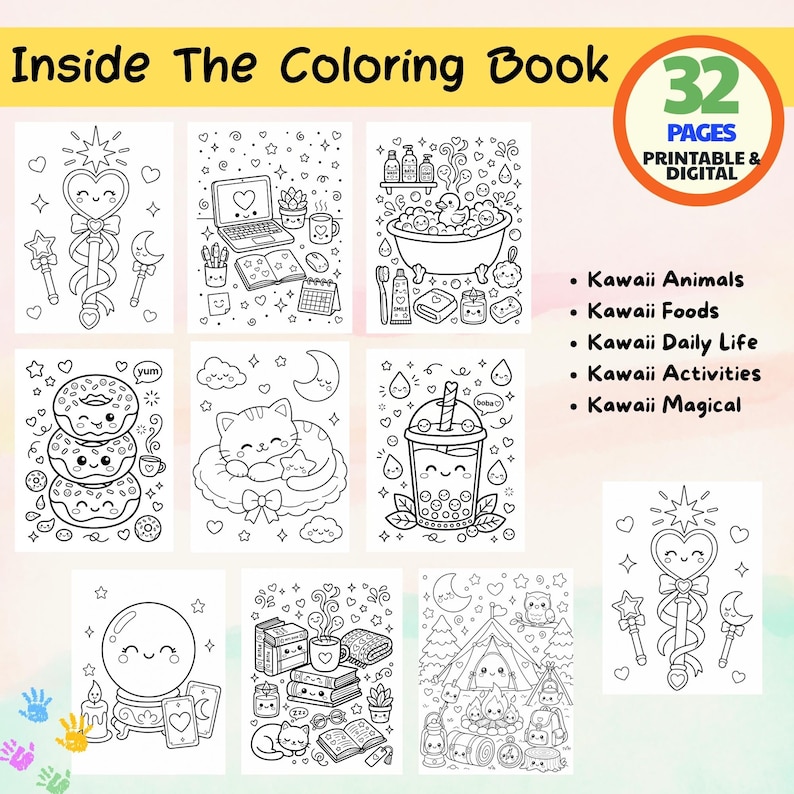 May include: A black and white coloring book with the text "Inside The Coloring Book" and "32 Pages Printable & Digital". The book features kawaii-style illustrations of animals, food, daily life, activities, and magical themes.