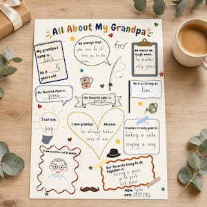 Puede incluir: Una hoja de actividades de papel blanco titulada All About My Grandpa con ilustraciones coloridas y texto escrito a mano. Incluye secciones para completar detalles como nombre, edad, comida y color favoritos, junto con dibujos de una caña y una taza.