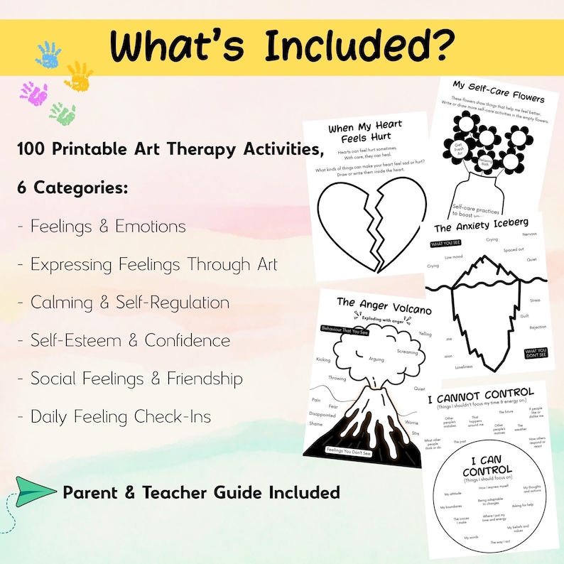 A fan-out display of various child therapy workbook pages showing prompts for anger management, anxiety relief, and self-esteem exercises for school counseling.