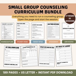 May include: A small group counselling curriculum bundle featuring 189 pages of printable PDF resources. The collection includes counsellor plans, student pages, parent notes, assessments, and certificates, with 4 themes and 32 sessions total.