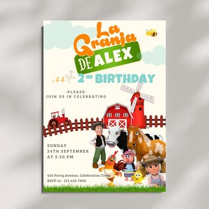 May include: A colorful birthday party invitation with the text "La Granja DE ALEX 2nd Birthday." The design features cartoon farm animals, a red barn, a windmill, and a tractor. The invitation includes the date, time, and location.