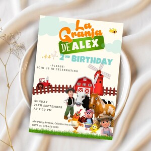 May include: A farm-themed birthday party invitation with the text "La Granja DE ALEX 2nd BIRTHDAY." The invitation features cartoon illustrations of farm animals, a red barn, a windmill, and a train. The date and time are also included.