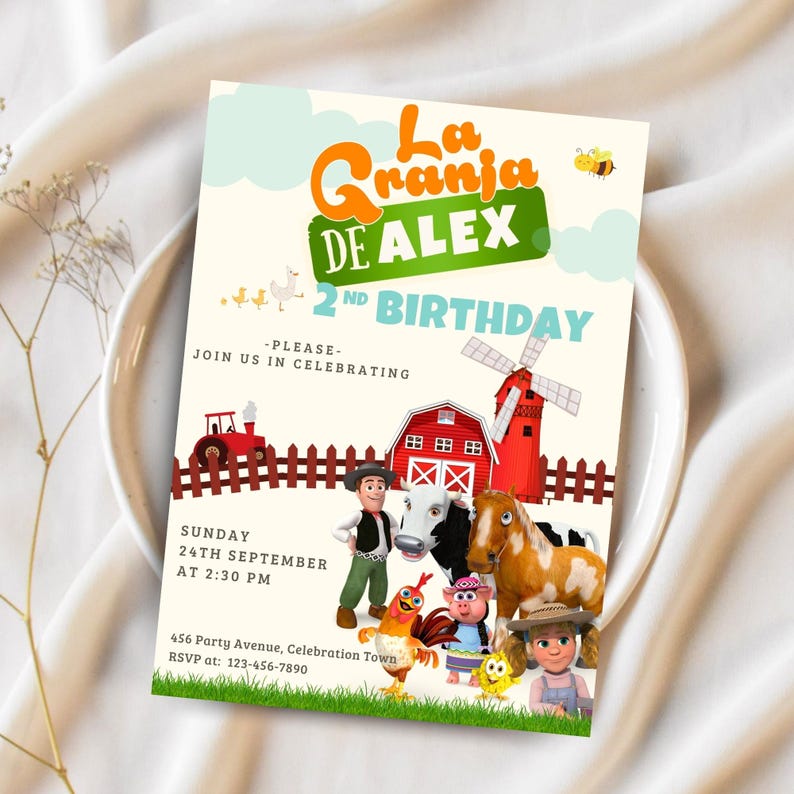 May include: A farm-themed birthday party invitation with the text "La Granja DE ALEX 2nd BIRTHDAY." The invitation features cartoon illustrations of farm animals, a red barn, a windmill, and a train. The date and time are also included.