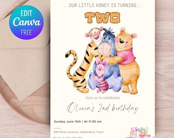Winnie the Pooh 2nd Birthday Invitation, Editable Canva Template, Printable Pooh Bear Invite, Turning Two Party