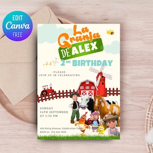 Modèle d'invitation Zenon, faire-part La Granja de Zenon, faire-part d'anniversaire Zenon modifiable, faire-part d'anniversaire ferme, modifiable sur Canva