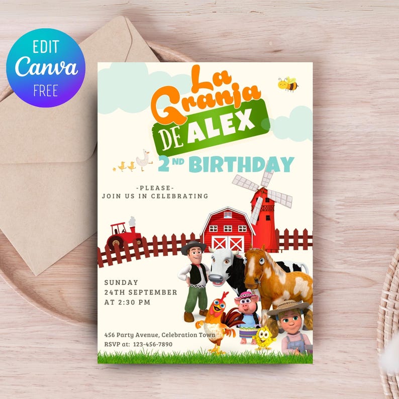 May include: A colorful birthday invitation with the text "La Granja DE ALEX 2nd Birthday". The design features cartoon farm animals, a red barn, a windmill, and a tractor. The invitation includes event details.
