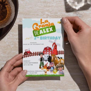 May include: A birthday invitation with the text "La Granja DE ALEX 2nd BIRTHDAY". The invitation features cartoon farm animals, a red barn, a windmill, and a tractor. The date and time are also included.