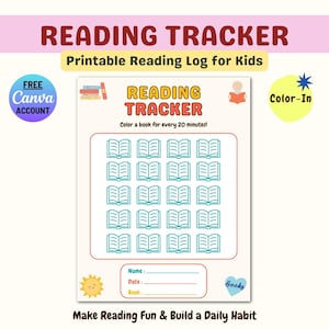 Może przedstawiać: Drukawalny dziennik czytania dla dzieci z tekstem READING TRACKER oraz Color a book for every 20 minutes. Arkusz zawiera siatkę dwudziestu ikon otwartych książek do pokolorowania, linie na Name, Date i Book oraz grafiki słońca i serca.