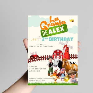 May include: A colorful invitation for a second birthday party with the text "La Granja de Alex." The design features cartoon farm animals, a red barn, a windmill, and a tractor. The invitation includes the date, time, and RSVP information.