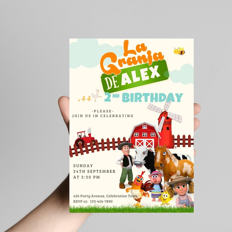 May include: A colorful invitation for a second birthday party with the text "La Granja de Alex." The design features cartoon farm animals, a red barn, a windmill, and a tractor. The invitation includes the date, time, and RSVP information.