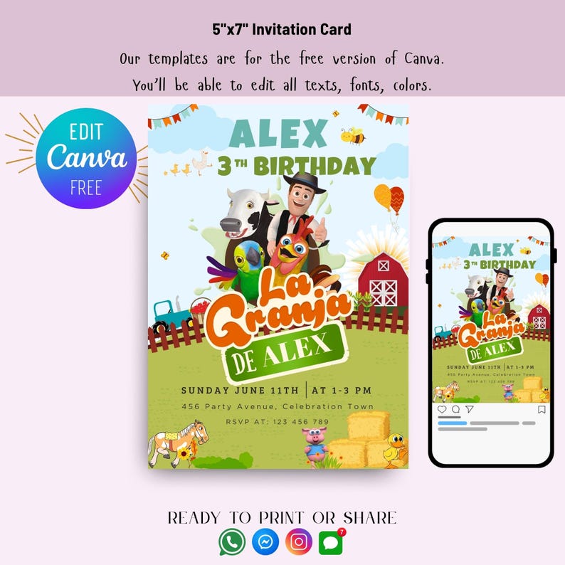 Invitación Zenon Template, Editable Zenon Birthday Invitation, La Granja de Zenon Invitation, Farm Birthday Invitation, Editable in Canva