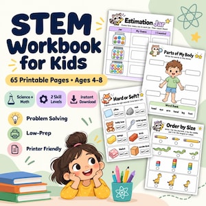 Könnte beinhalten: Ein STEM-Arbeitsbuch für Kinder mit 65 druckbaren Seiten für 4- bis 8-Jährige. Das Cover zeigt ein Cartoon-Kind, einen Bücherstapel und vier Beispiel-Arbeitsblätter mit den Titeln Estimation Jar, Parts of My Body, Hard or Soft und Order by Size.