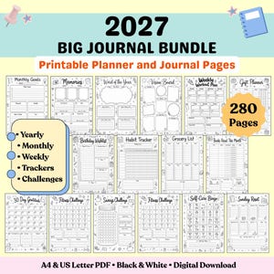 Paquete imprimible de diario 2027, páginas de agenda, registro de hábitos, fitness, ahorros, autocuidado, tablero de visión, descarga instantánea.