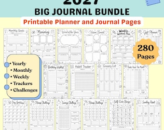 2027 Printable Journal Bundle, Planner Pages, Habit Tracker, Fitness, Savings, Self-Care, Vision Board, Instant Download