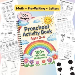 Può includere: Un libro di attività prescolari rilegato a spirale con un arcobaleno, un sole e delle nuvole sulla copertina. Il libro è intitolato "Preschool Activity Book Ages 3-4" e include oltre 100 fogli di lavoro stampabili.