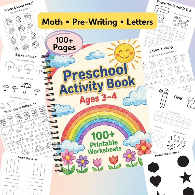 Preschool curriculum bundle cover image showing printable worksheets for age 3-4 homeschooling and kindergarten readiness.