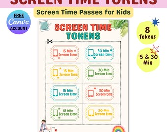 Colorful Printable Screen Time Tokens, Editable Canva Screen Time Passes for Kids, Toddler Behavior Reward Chart, Digital Download