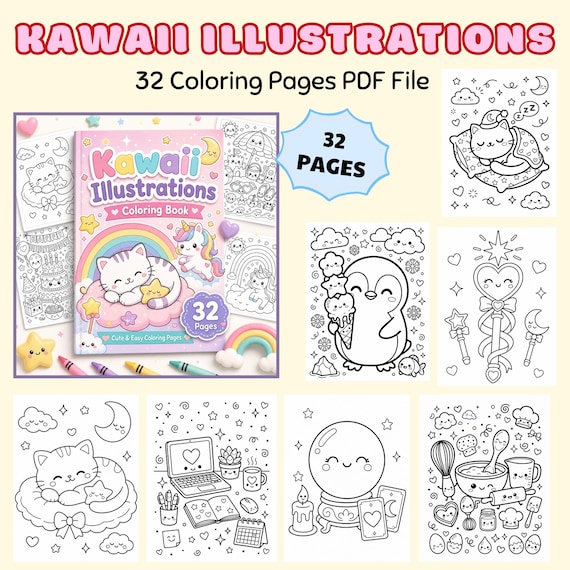 Kawaii Coloring Pages PDF, Cute Kawaii Illustrations, Kids Coloring Pages, Printable Coloring Book, 32 Pages