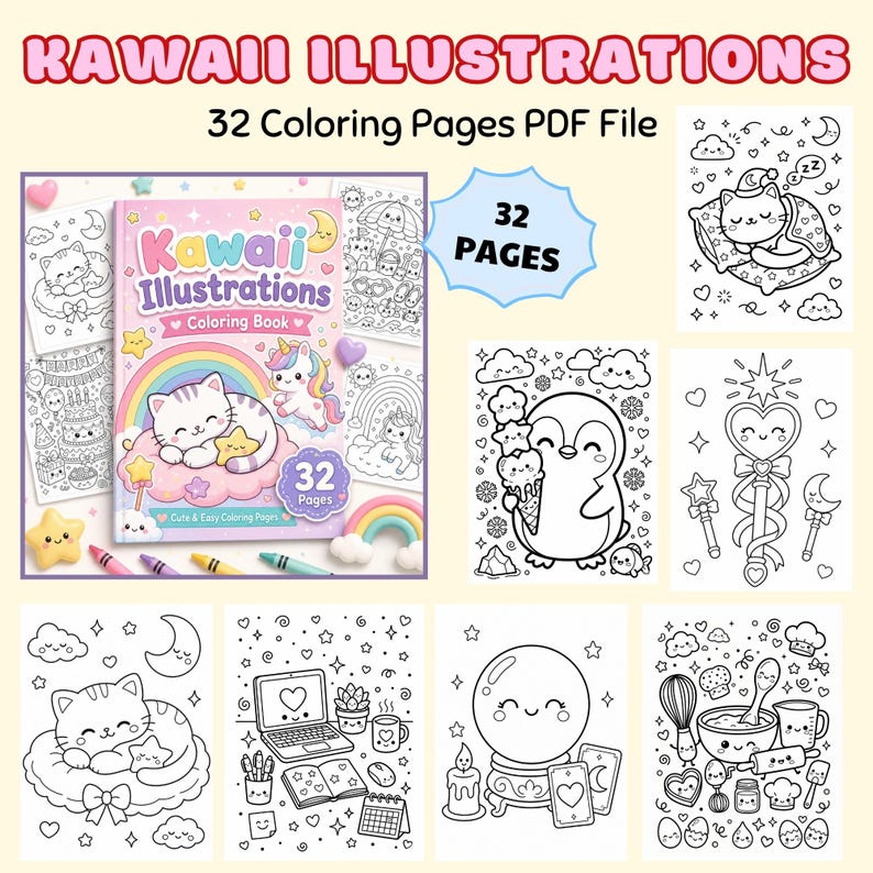 May include: A collection of kawaii-themed illustrations, including a coloring book with a cat and unicorn, and individual coloring pages featuring a sleeping cat, penguin with ice cream, and other cute designs. The text reads "KAWAII ILLUSTRATIONS" and "32 Coloring Pages PDF File."