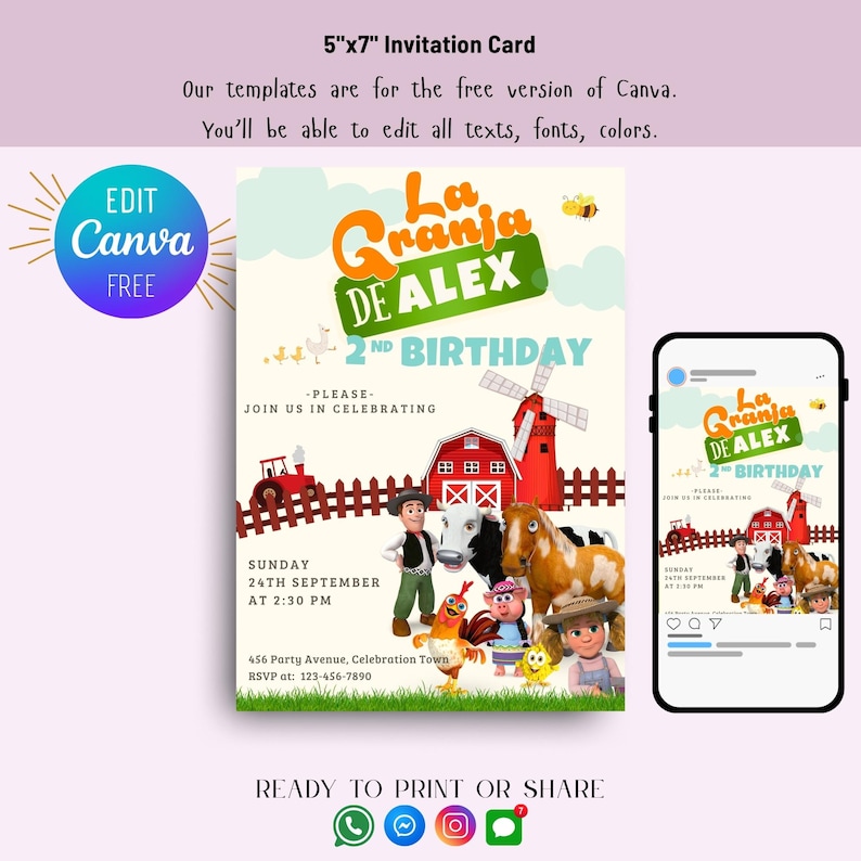 May include: A 5"x7" invitation card with a farm theme, featuring the text "La Granja DE ALEX 2nd Birthday." The design includes a red barn, windmill, and cartoon farm animals. The card also includes the text "EDIT Canva FREE."