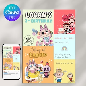 Editable Labubu Birthday Invitation, Labubu Birthday Invite, Labubu Party, Labubu Kids Party Invite, Editable in Canva, Instant Download