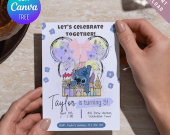 Editable Stitch Birthday Invitation, Stitch Party Invite Canva, Lilo Stitch Printable Template, Girls Birthday Invite