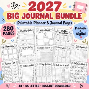 Peut inclure: Un ensemble de journal 2027 comprenant 280 pages de planificateur et de journal imprimables. La collection inclut des modèles pour les objectifs mensuels, les tableaux de vision, les plans d'entraînement et les suivis d'habitudes.