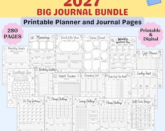 Pack Bullet Journal 2027, pages de agenda et de journal imprimables, suivi des habitudes, bien-être, épargne, tableau de visualisation (téléchargement numérique)