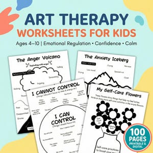 May include: Art therapy worksheets for kids, ages 4-10, focusing on emotional regulation, confidence, and calm. Includes worksheets on anger, anxiety, and self-care, with 100 printable and digital pages.