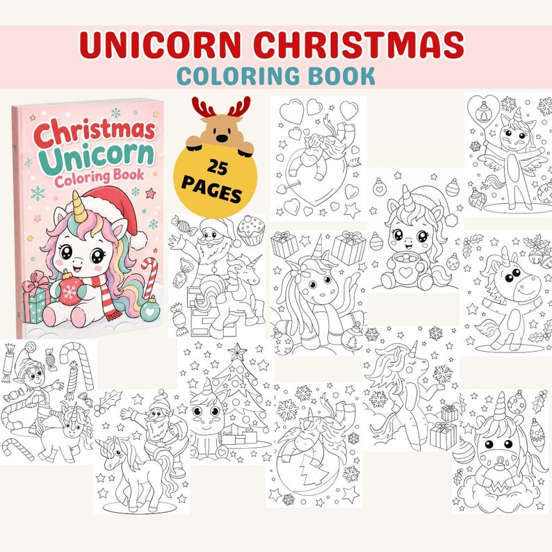 Kawaii Christmas Unicorn Coloring Book, Cute Holiday Coloring Pages for ...