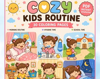 Cozy Daily Routine Kids Coloring Pages, Printable Toddler Activity Sheets, Preschool Coloring Book, PDF Instant Download Art