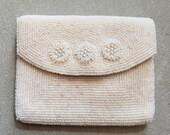 Vintage La Regale Beaded Envelope Products Japan Small Purse Seed Beads Faux Pearls Flowers 1950s