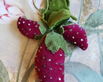 SALE Vintage Hand Made Velvet and Seed Bead Strawberry Clusters Leaves Bonnie Lester Deep Red/Burgundy Christmas Ornament