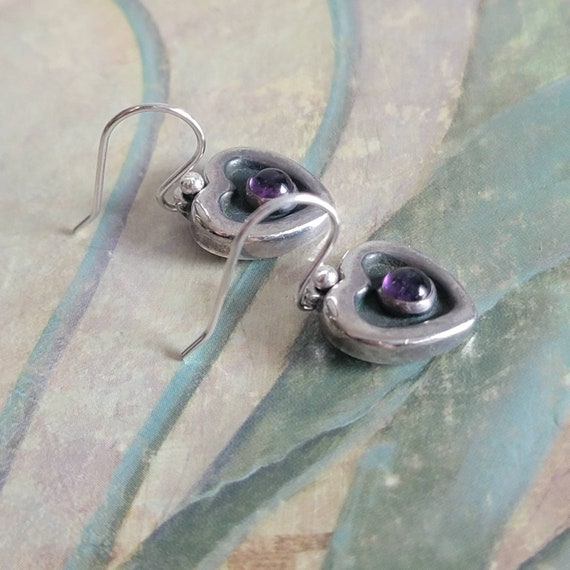 Vintage Sterling Silver and Amethyst Heart Earrin… - image 2