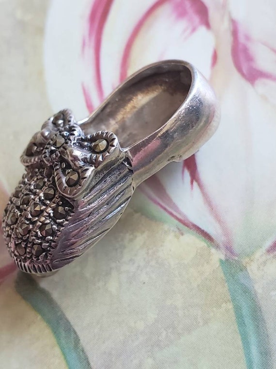 Vintage Sterling Silver Marcasite Baby Shoe with … - image 3