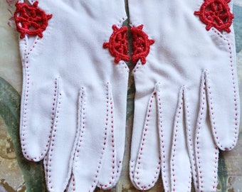 Vintage Van Raalte White Nautical Red Stitching Ships Wheels One Size Gloves Ladies As Is