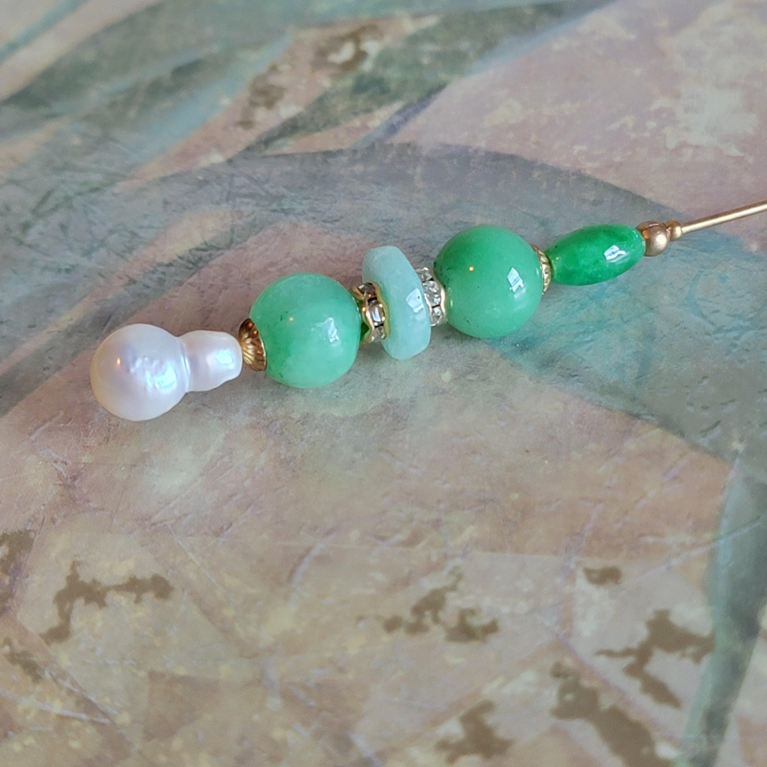 Three Vintage Hat Pins: Gold & Pearl, Freshwater Pearl & Bottle Green Glass Byzantine pillbox hat with gold and pearls main image 2
