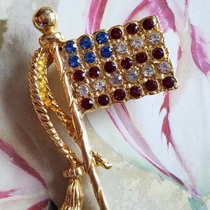 Vintage Rhinestone Gold Tone American Flag Brooch or Pin 1980s Red White and Blue