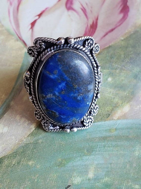 Vintage Sterling Silver and Blue Stone Bezel Ring… - image 1